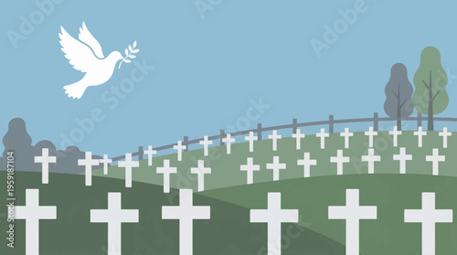 Vector flat design of a peace dove flying over a military cemetery with white cross markers