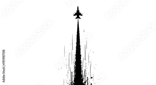 Fighter jet soaring upward past towering spire with abstract brush strokes on white background