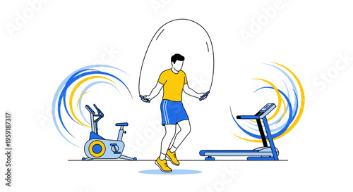 Man jumping rope between treadmill and exercise bike, fitness and cardio workout concept