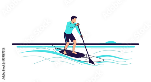 Man paddleboarding on wavy water, active lifestyle, summer water sport, outdoor recreation