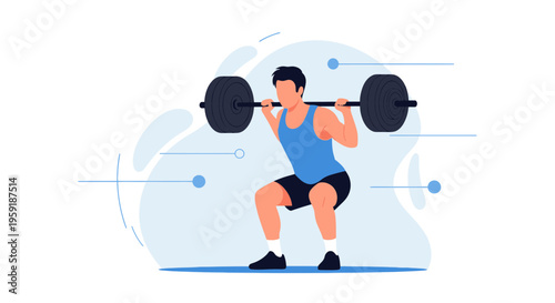 Man performing barbell squat exercise in gym, fitness and strength training concept