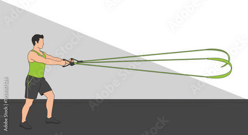 Man performing resistance band exercise for arms and shoulders, fitness workout at home