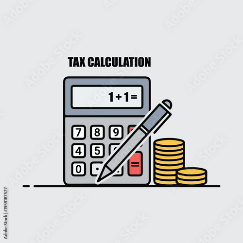 Tax calculation with calculator, pen, and coins icon