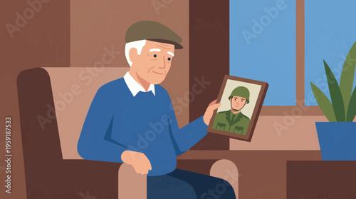 Modern flat vector illustration of an elderly veteran looking at a photo of his younger soldier self