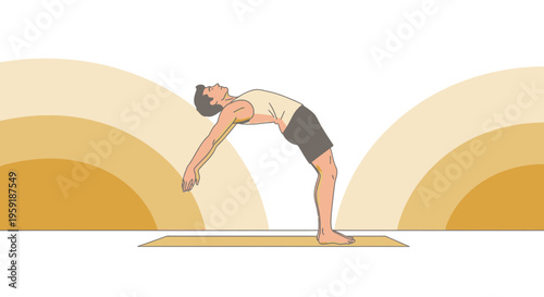 Man performing yoga backbend pose on mat, healthy lifestyle, fitness and flexibility