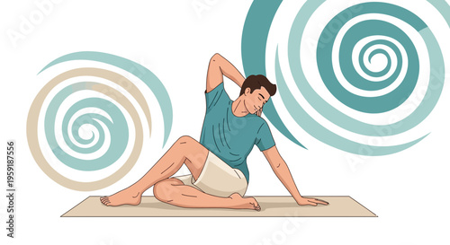 Man performing seated spinal twist yoga pose on mat, promoting flexibility and well-being