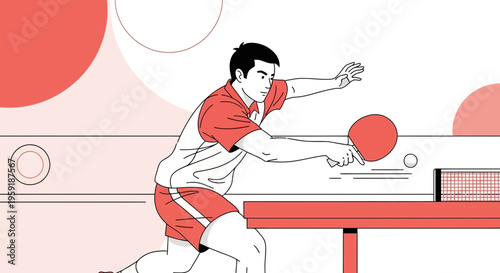 Man playing table tennis, dynamic pose, hitting ball over net, sports illustration
