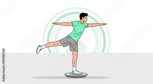 Man practicing balance on a wobble board, improving core strength and stability