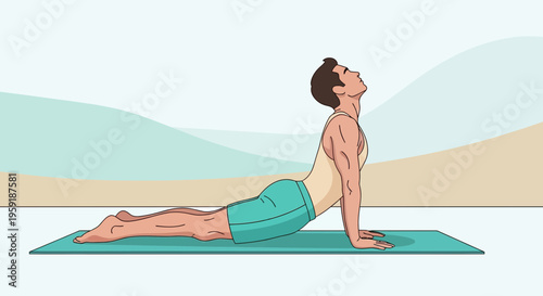 Man practicing Cobra Pose (Bhujangasana) on a yoga mat, promoting flexibility and back health.