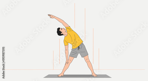 Man practicing Triangle Pose (Trikonasana) yoga on a mat, stretching body