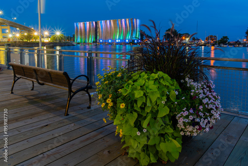 Buffalo NY waterfront with illuminated grain silos