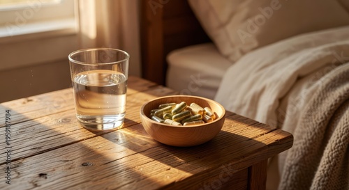 plant based nutrition capsule concept. Glass of water and bowl of supplements on wooden bedside table by bed