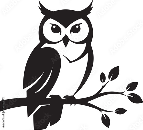 Vector black owl icon on branch