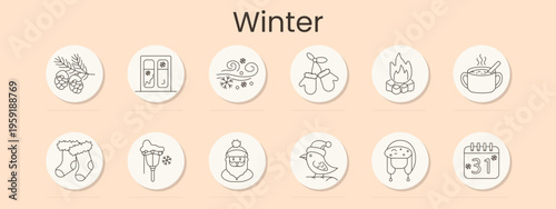 Winter season set icon. Blue outline badges, pine cones branch, snowy window, wind swirl snowflakes, mittens bow, campfire logs, hot drink cup, wool socks, street lamp, santa face, bullfinch