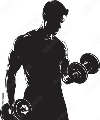 Vector silhouette of man lifting dumbbells, fitness icon