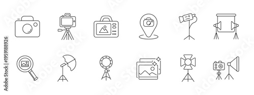 Photography studio set icon. Camera tripod photo device map marker video light backdrop magnifier umbrella ring lamp softbox depict shooting equipment lighting session.