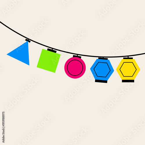Colorful geometric shapes on string lights.