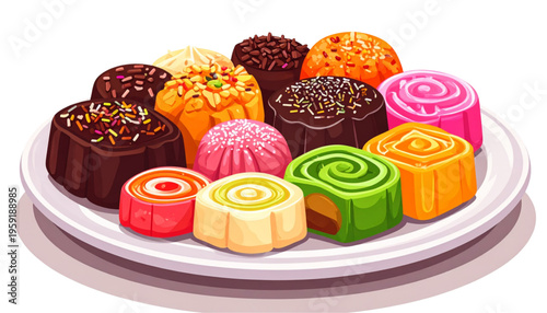Top view vector illustration of assorted Indonesian cakes (jajanan tradisional) on a round plate, featuring colorful kue with chocolate, jelly, and sprinkled toppings
