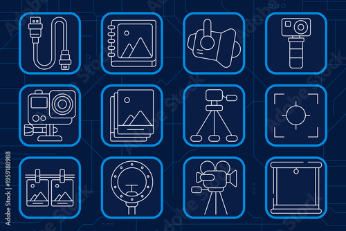 Dentistry set icon. Dental clinic, tooth magnifier, implant model, pliers tool, drill handpiece, syringe injection, nurse doctor, medical cross, molar tooth, ID card, implant screw, computer scan
