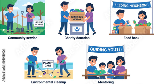 Illustrations portray people engaged in various community service activities, including environmental cleanup, charity.