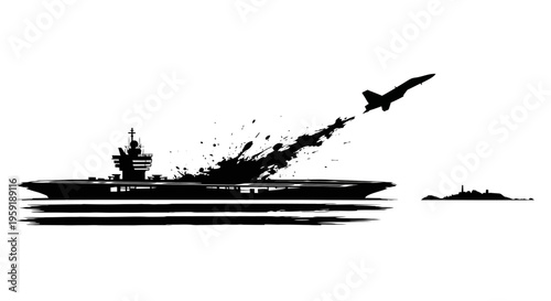 Military aircraft takes off from warship with explosion navy vessel and submarine in background dynamic action scene