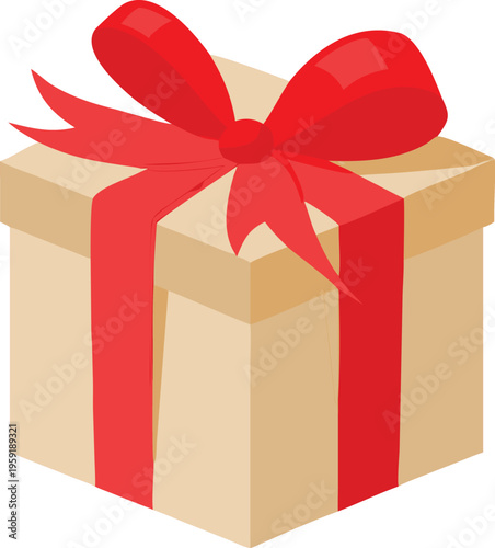 A beige gift box adorned with a vibrant red ribbon and bow