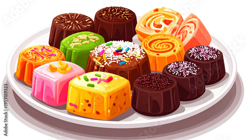 Top view vector illustration of assorted Indonesian cakes (jajanan tradisional) on a round plate, featuring colorful kue with chocolate, jelly, and sprinkled toppings
