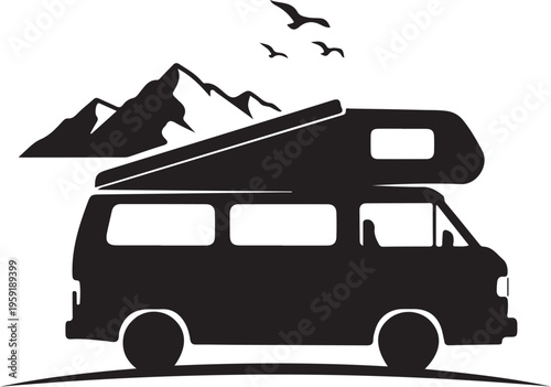 Vector silhouette of camper van with mountains and birds
