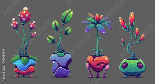 Set of Four Alien Plants in Colorful Pots.