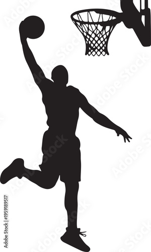 Black silhouette of a basketball player dunking a ball
