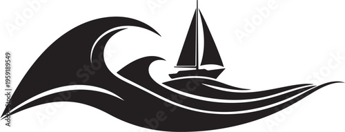 Black sailboat on wave vector icon