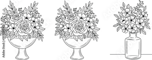 Floral Bouquet Vector Set Featuring Rose Flower Arrangements in Vase and Glass Bottle, Detailed Line Art Botanical Illustration Collection