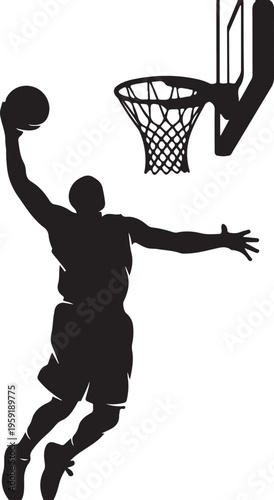Vector silhouette of basketball player dunking ball
