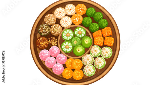 Top view vector illustration of Indonesian traditional snacks (jajanan tradisional) arranged on a round wooden tray, featuring colorful kue varieties with rich textures and patterns