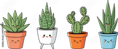 Cute Succulent Plant Vector Set Featuring Kawaii Potted Cactus and Aloe Plants with Smiling Faces in Cartoon Style Collection