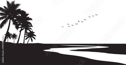 Black silhouette tropical beach landscape vector