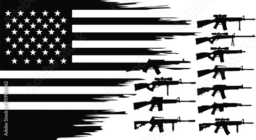 Distressed american flag featuring horizontal stripes merging into silhouettes of various rifles and firearms