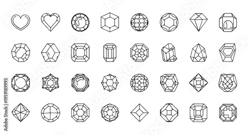 Collection of thirty different gemstone shapes and diamond cuts in a black and white hand drawn style