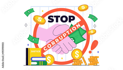 Corruption vector illustration with stop sign and handshake exchanging money