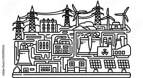 Detailed Illustration of a Power Plant with Various Energy Sources.