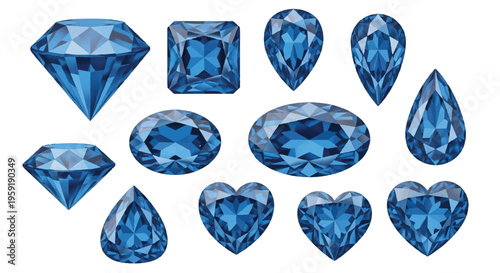Set of blue gemstones in various cuts and shapes including round square pear and heart isolated on a white background