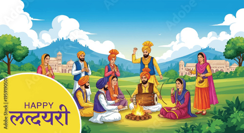 Traditional indian family celebrating lohri festival with a bonfire and traditional attire in a rural landscape setting