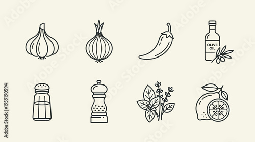 Minimalist black-and-white cooking ingredients icon set with garlic, onion, chili, olive oil, salt, pepper, herbs, and citrus.