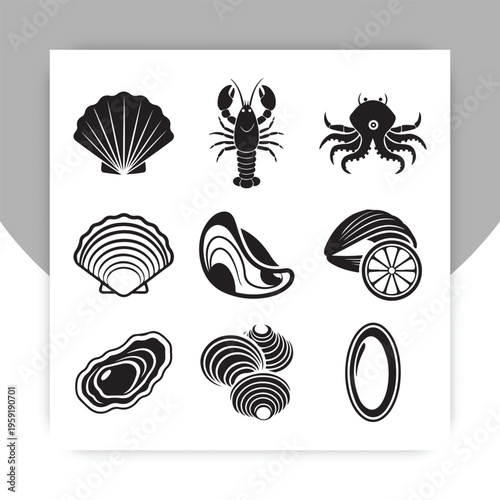 Seafood Shellfish Icons Set Black Silhouette Marine Life Vector Collection,
