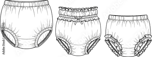 Cuadro en lienzo Technical vector illustration of baby bloomers and diaper covers with ruffled edges elastic waistbands and decorative bow for fashion design