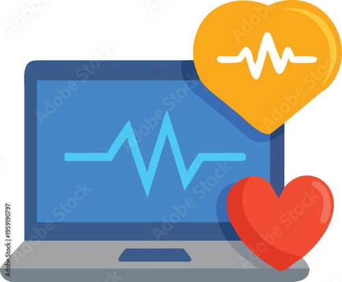 Digital healthcare concept with laptop heart monitor and hearts