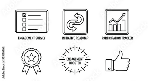 Employee engagement set featuring survey roadmap participation tracker and positive feedback symbols in line