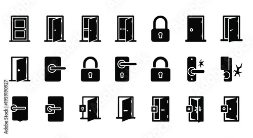 Door and lock set featuring various styles of entrance doors padlocks and security mechanisms in black silhouette