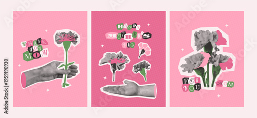 Mothers Day collage halftone poster set. Greeting cards templates hands and carnations. Trendy vintage covers with bouquet of flowers. Vector mixed media floral design for Mom may, Women day March 8