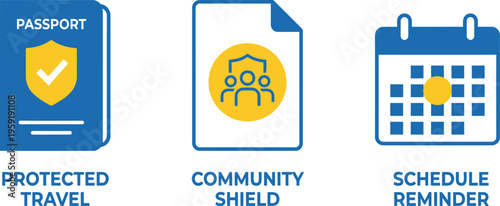 Icons representing protected travel, community shield, and schedule reminders are displayed against a white background.